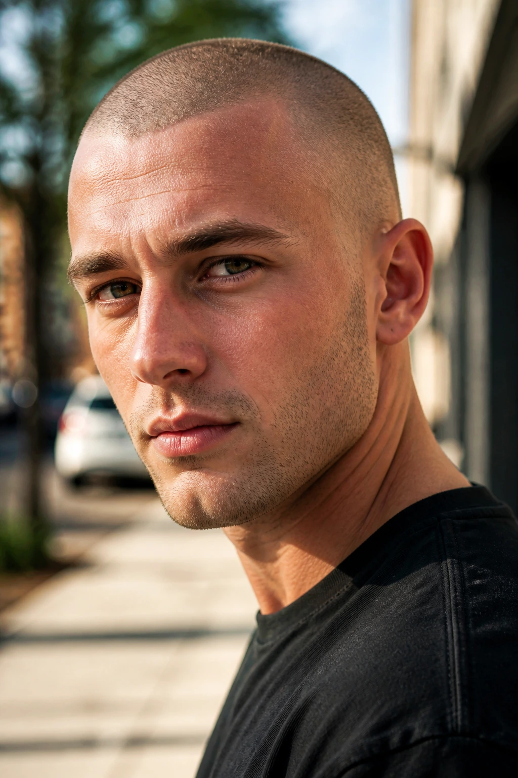 Close-up portrait of a real person with a buzz cut.