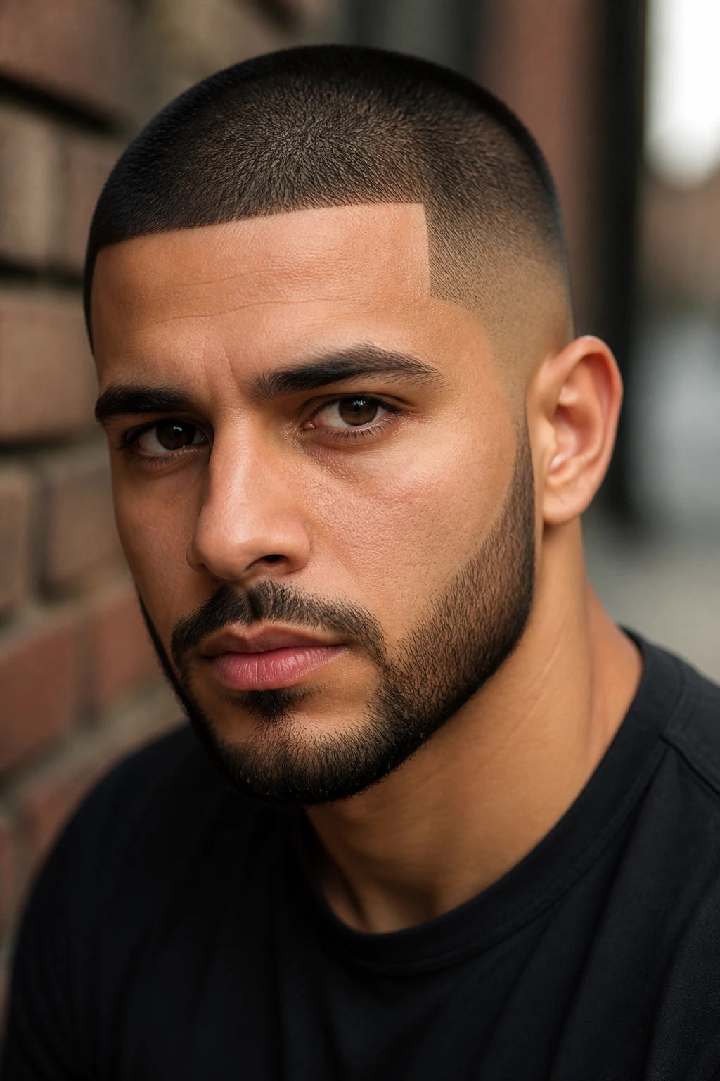 Close-up of a man with a tight buzz cut and crisp line-up outdoors