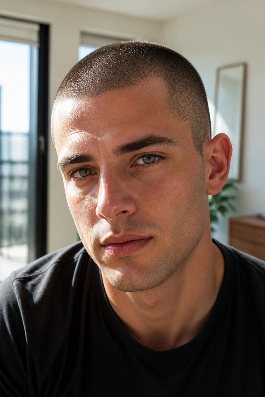 Close-up of a person with a buzz cut showing a close-cropped hairstyle and visible scalp