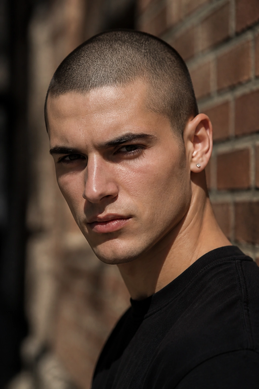 Close-up portrait of a person with a buzz cut, visible scalp and bold, clean look.