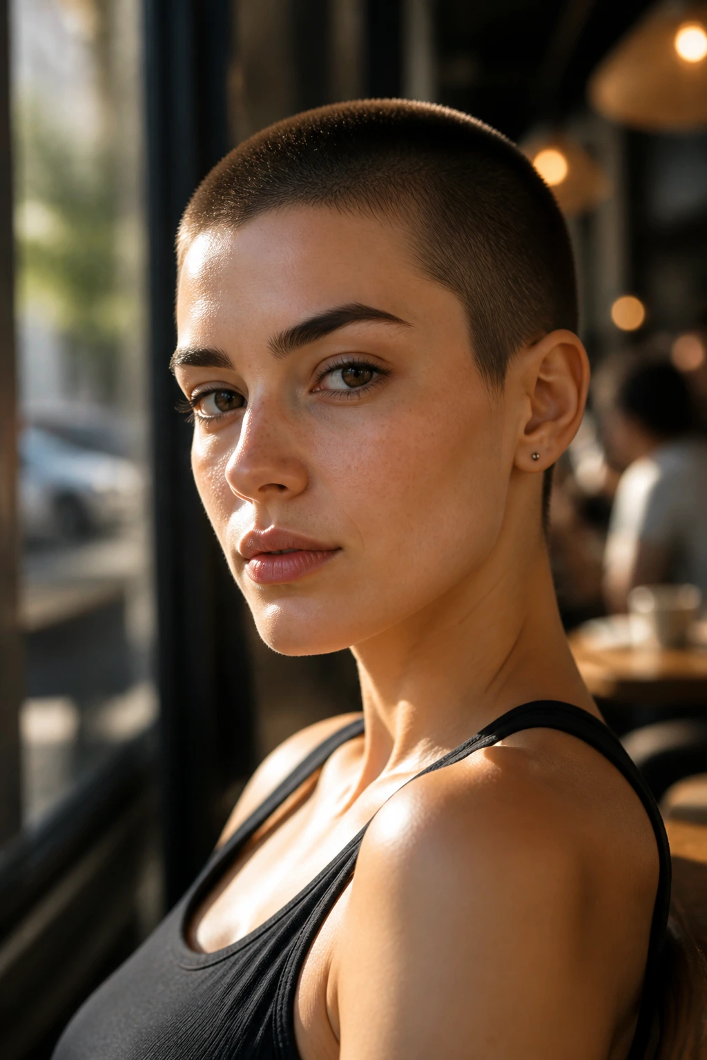 Close-up portrait of a real person with a buzz cut in warm window light