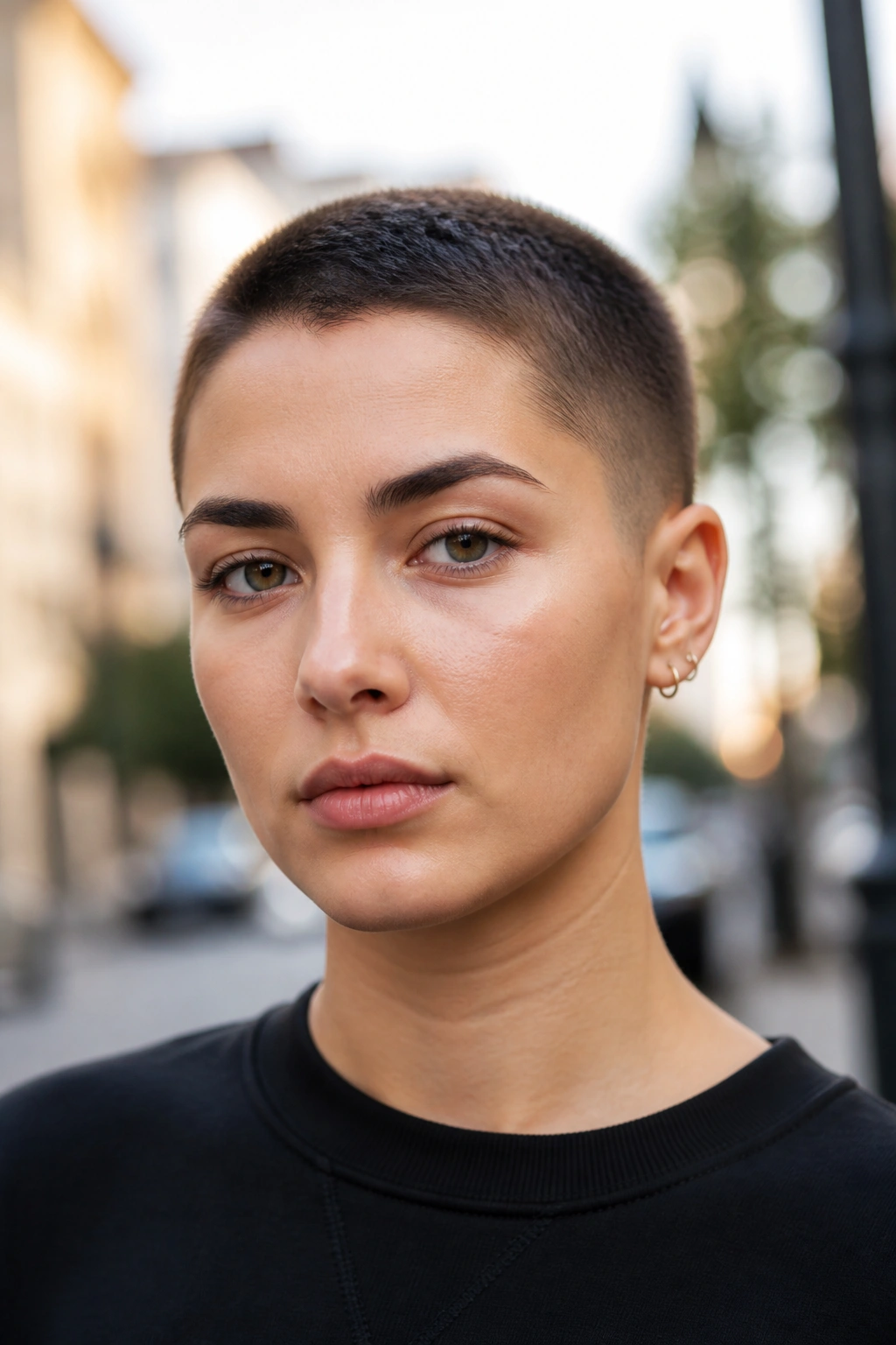 Close-up of a real person with a soft-edged buzz cut on an urban street.