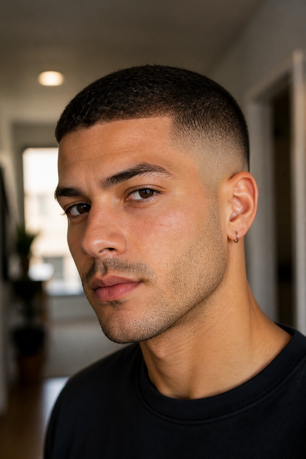 Close-up of a man with a buzz cut and temple fade