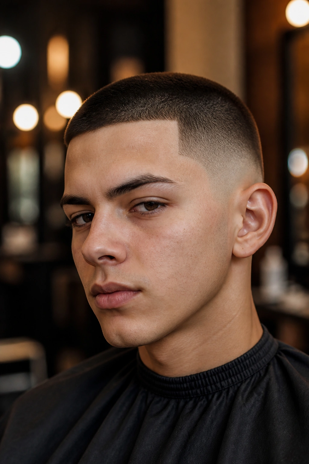 Close-up of a real person with a buzz cut and sharp temple fade, barbershop lighting.