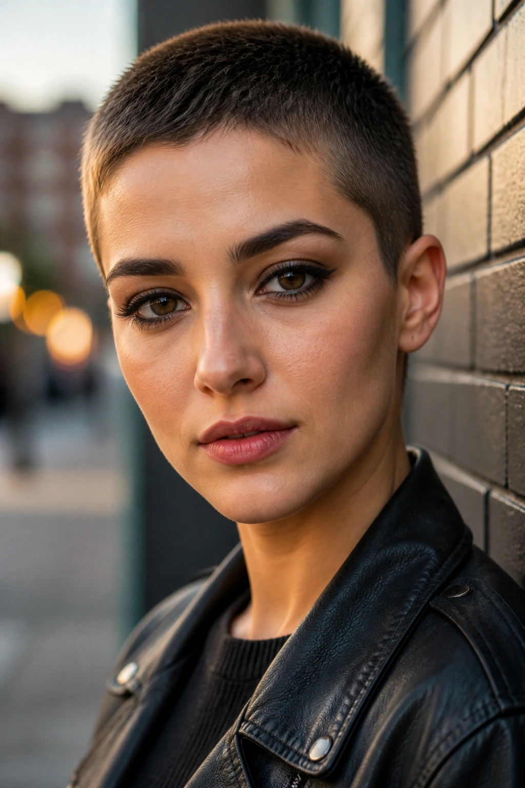 Close-up of a real woman with a buzzed pixie hairstyle against a brick wall in dusk light