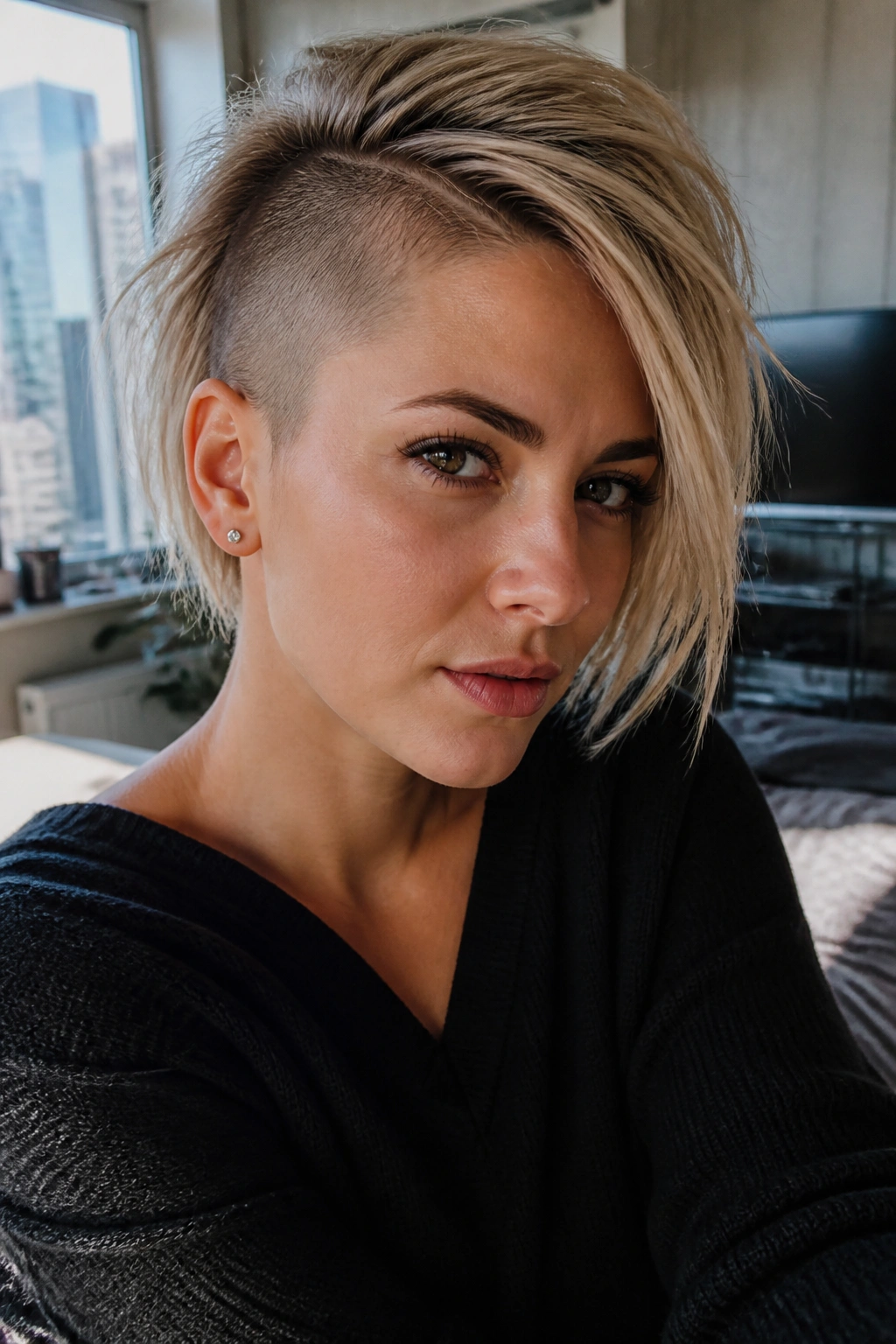 Close-up of a real person with a buzzed side and swept fringe in natural daylight