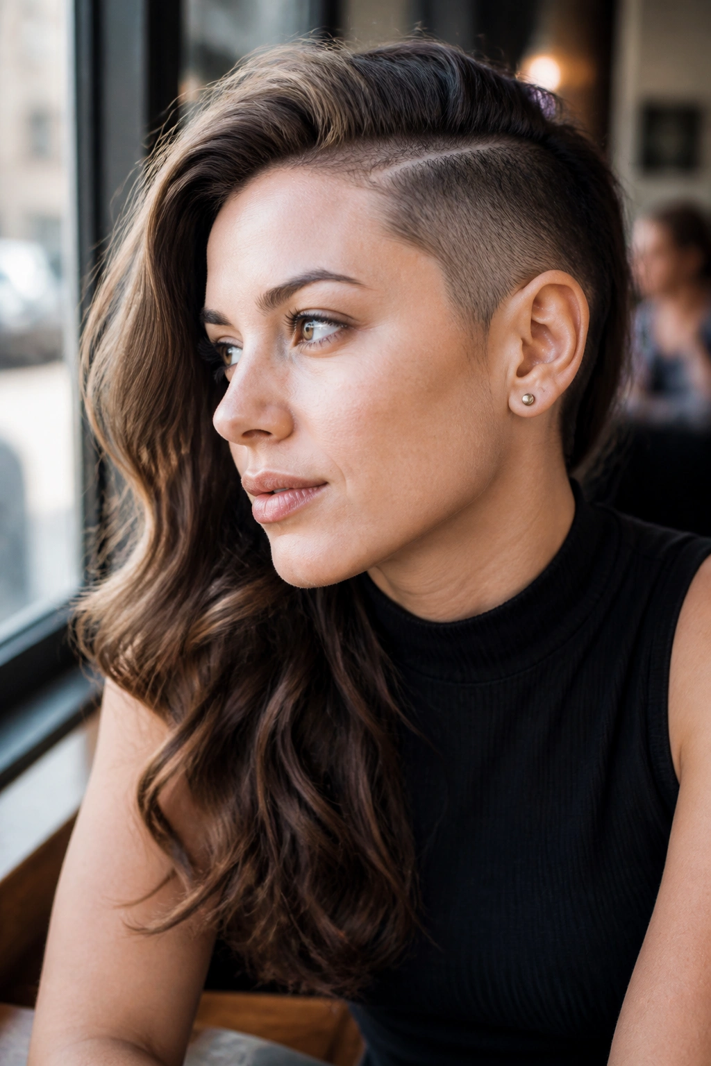 Portrait of a real person with edgy buzzed side and long waves.