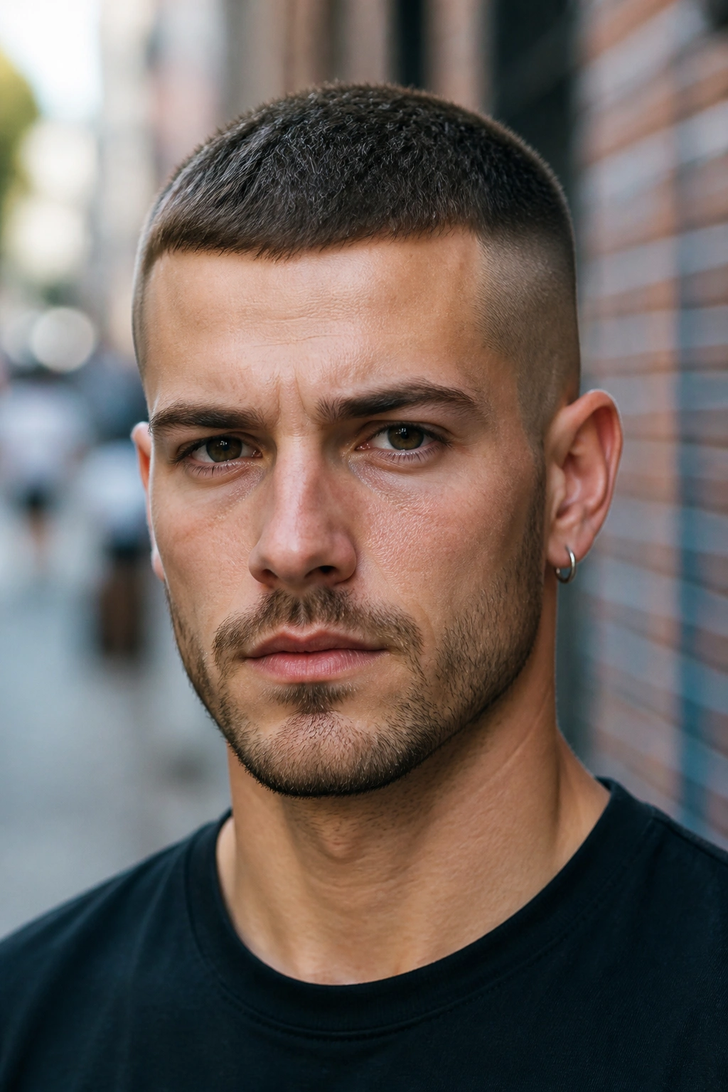 Close-up portrait of a man with a buzzed undercut in natural daylight