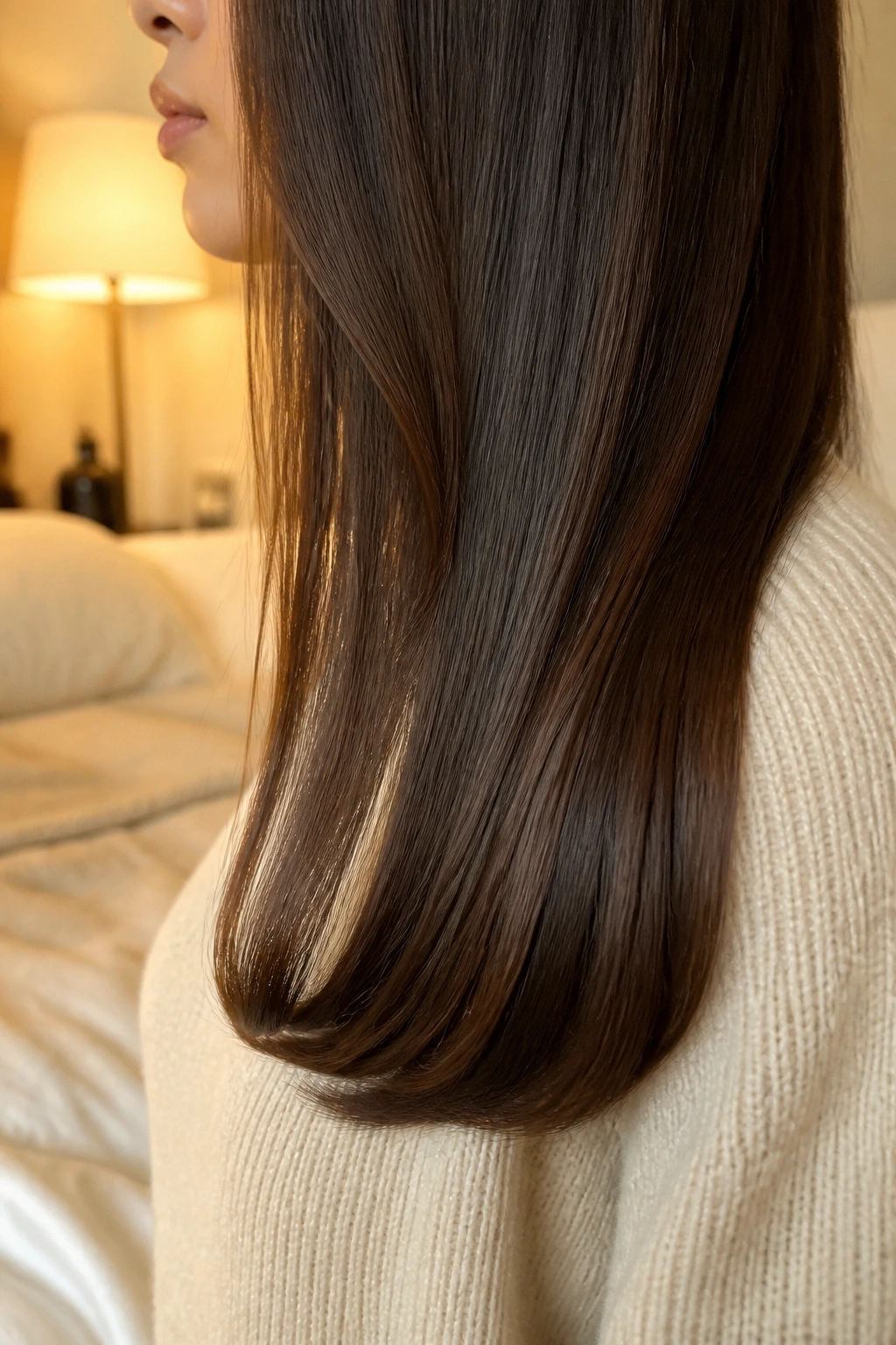 Close-up of long straight hair with a subtle inward bend at the ends.