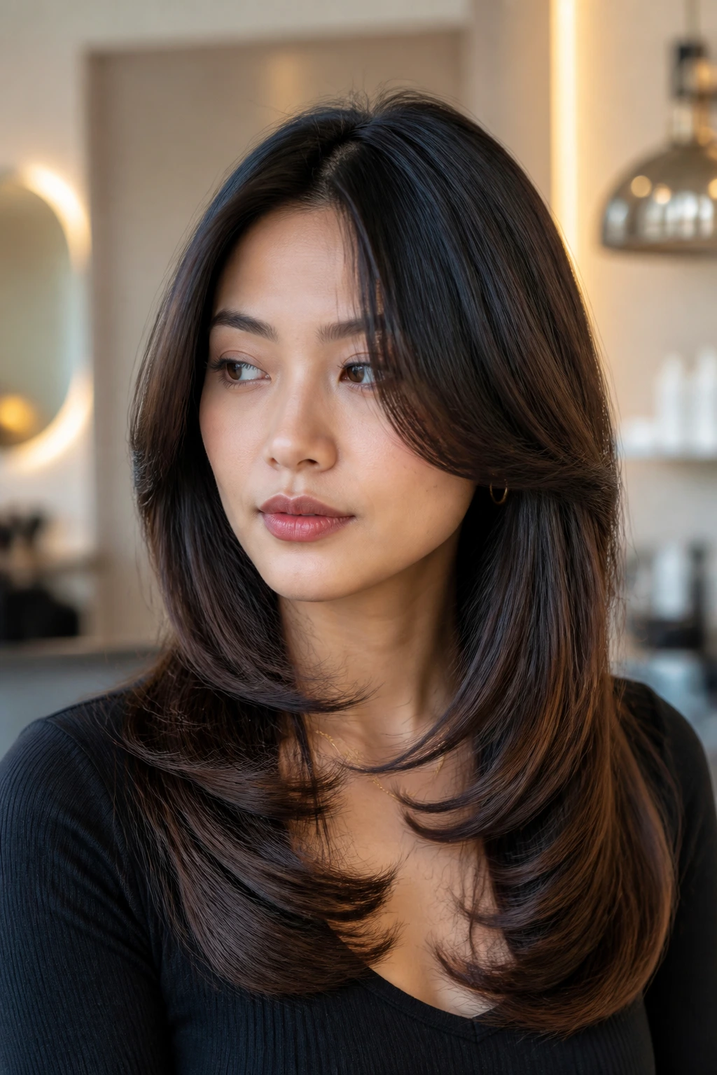 Portrait of woman with C-curl layers and polished bend at ends