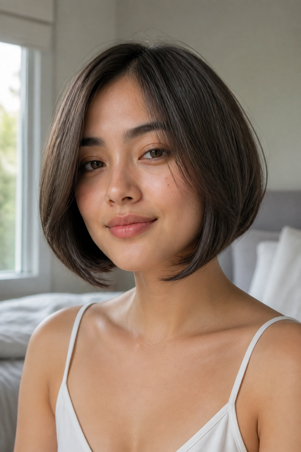 Close-up of a real woman with a C-cut bob curving inward to frame a round face in window light.