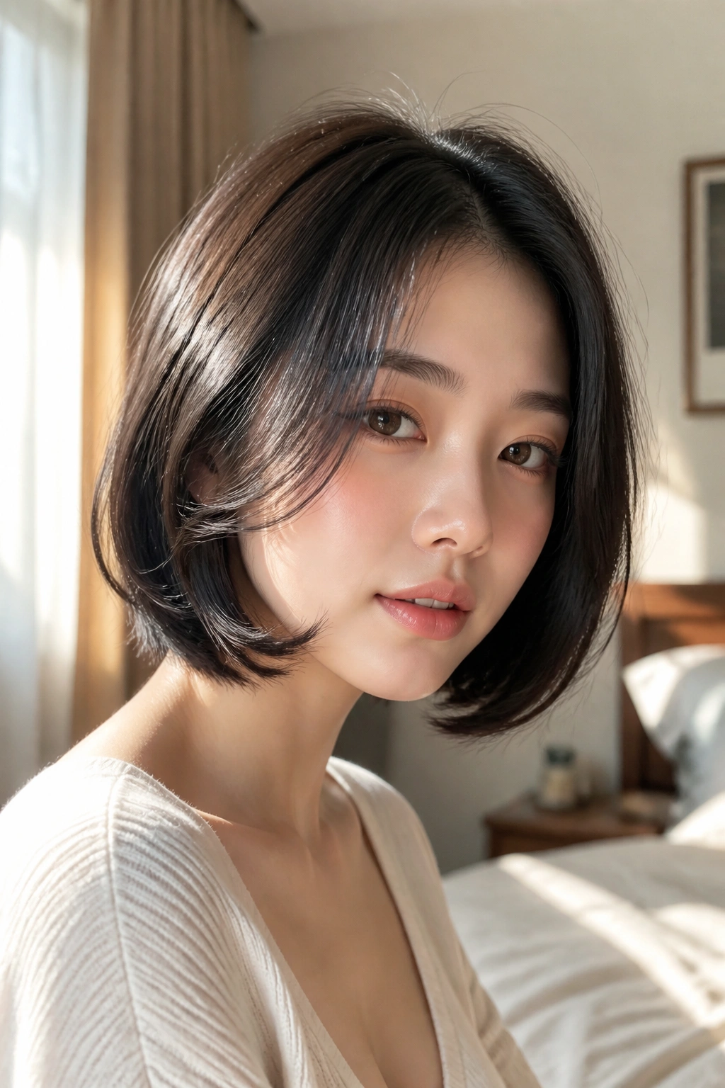 Close-up of a real woman with C-cut layers tucked under the chin in warm natural light