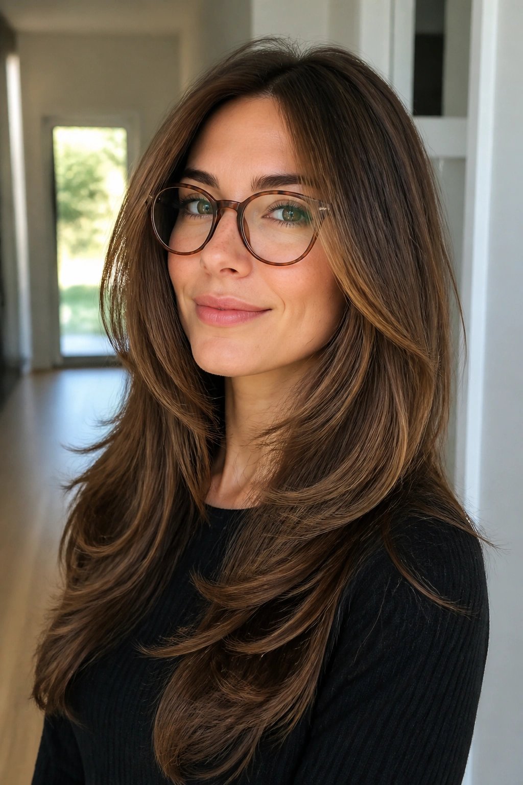 Close-up portrait of a real woman with long C-cut layers around the cheeks.