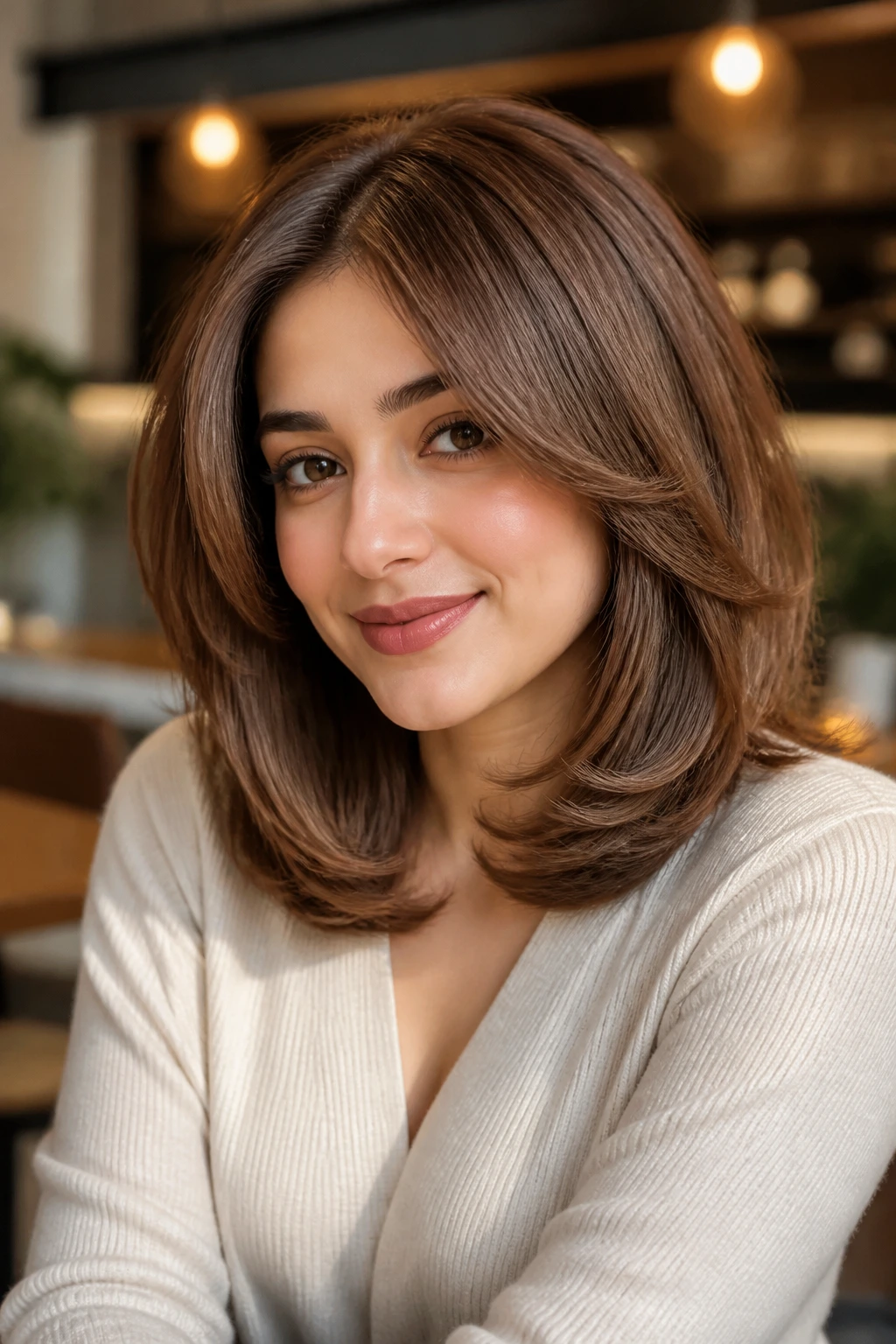 Close-up of a real woman with soft, rounded C-cut layers