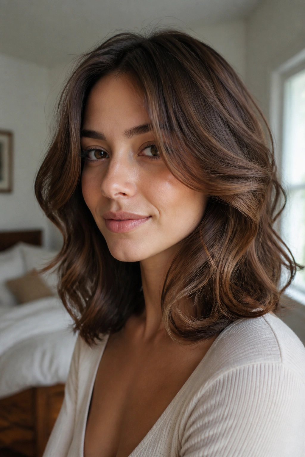 Close-up of a woman with C-cut layers around the face