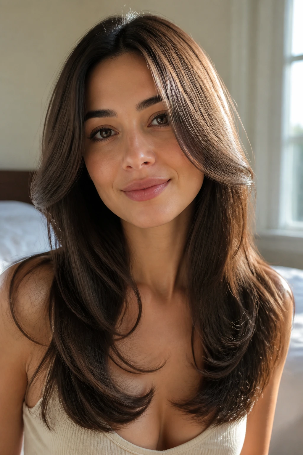 Close-up portrait of a real woman with long hair in a soft C-cut around the cheeks