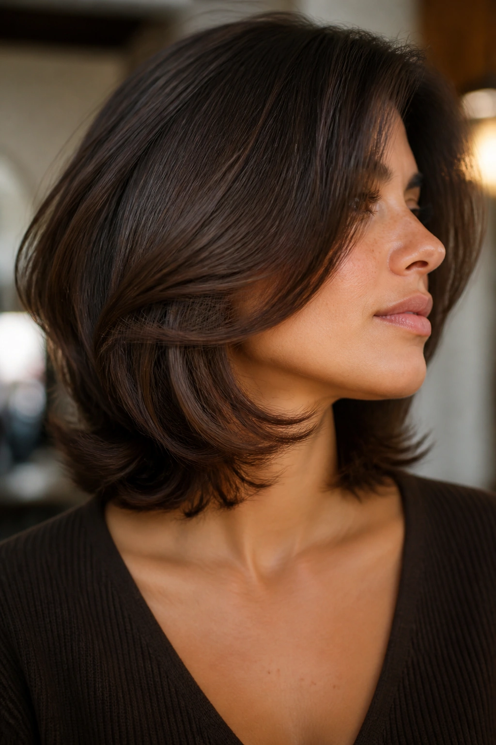 Close-up profile of a real woman with a C-shape cut curving around her face.