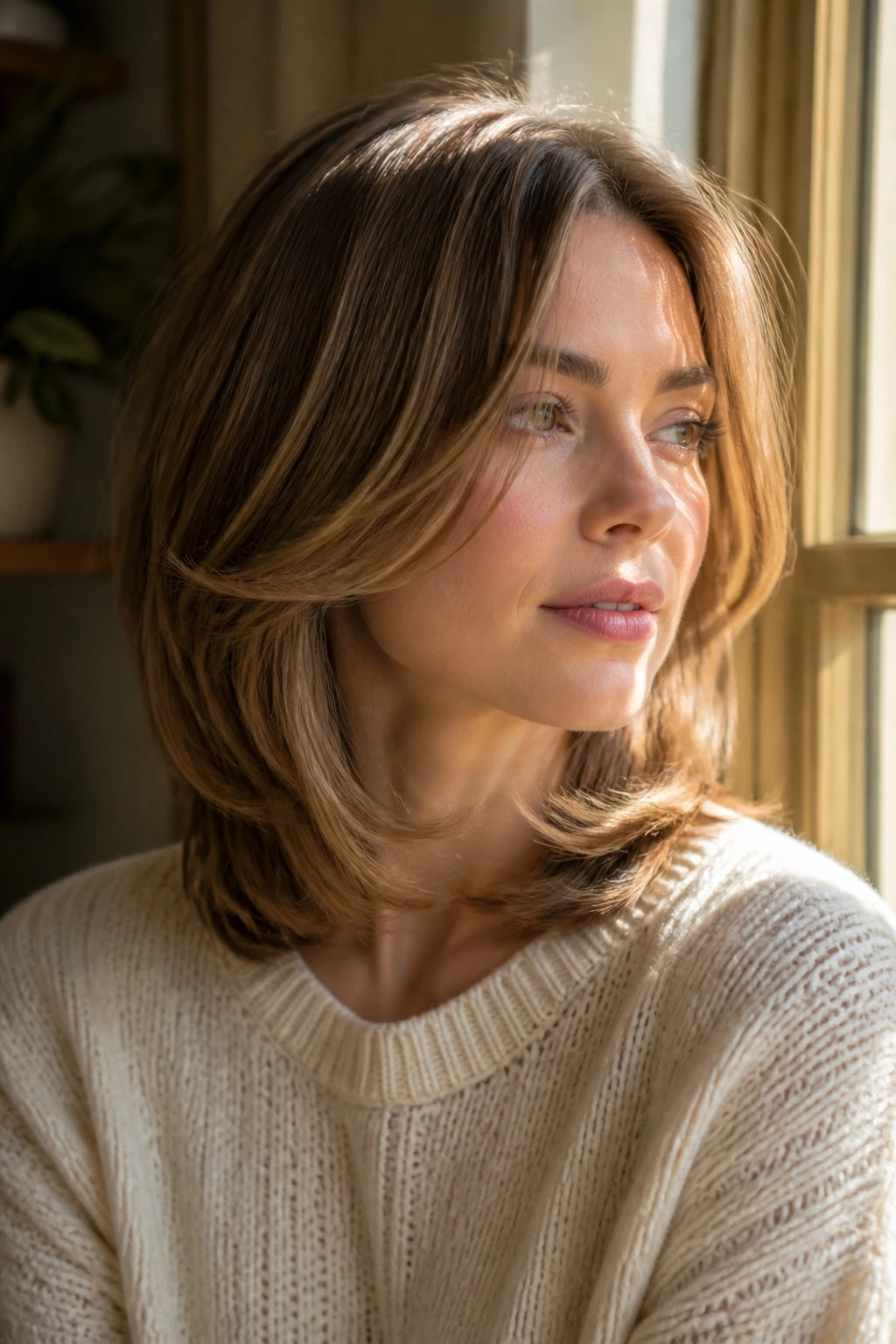Close-up of hair forming a soft C-shaped curve around the cheeks