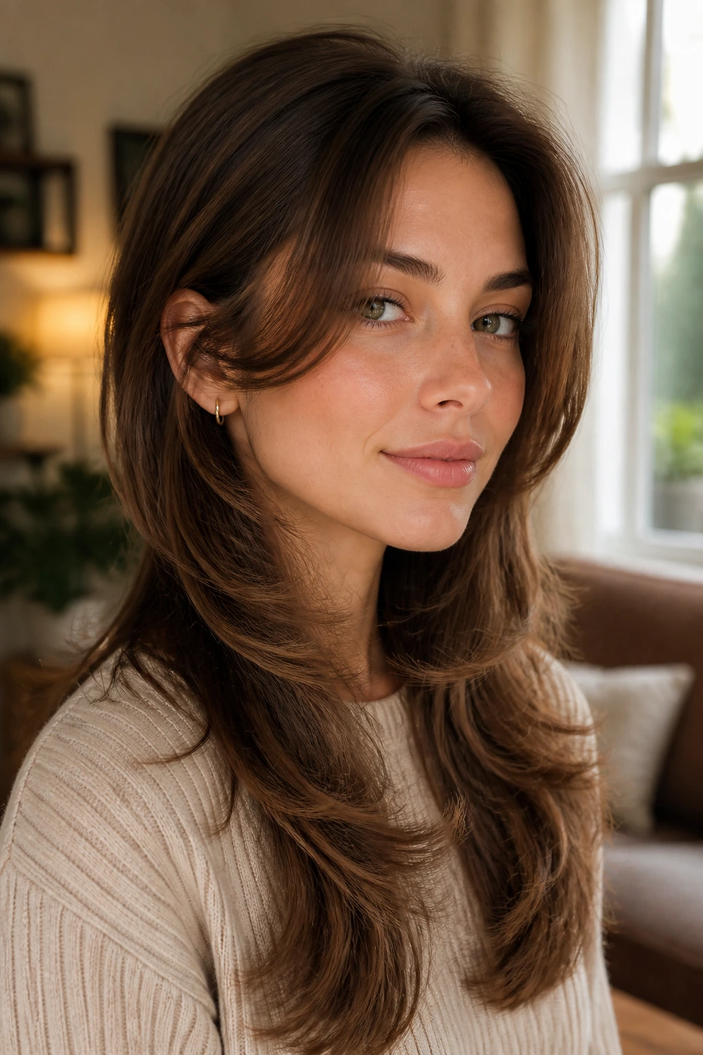 Close-up of a real woman with C-shaped front layers around cheekbones