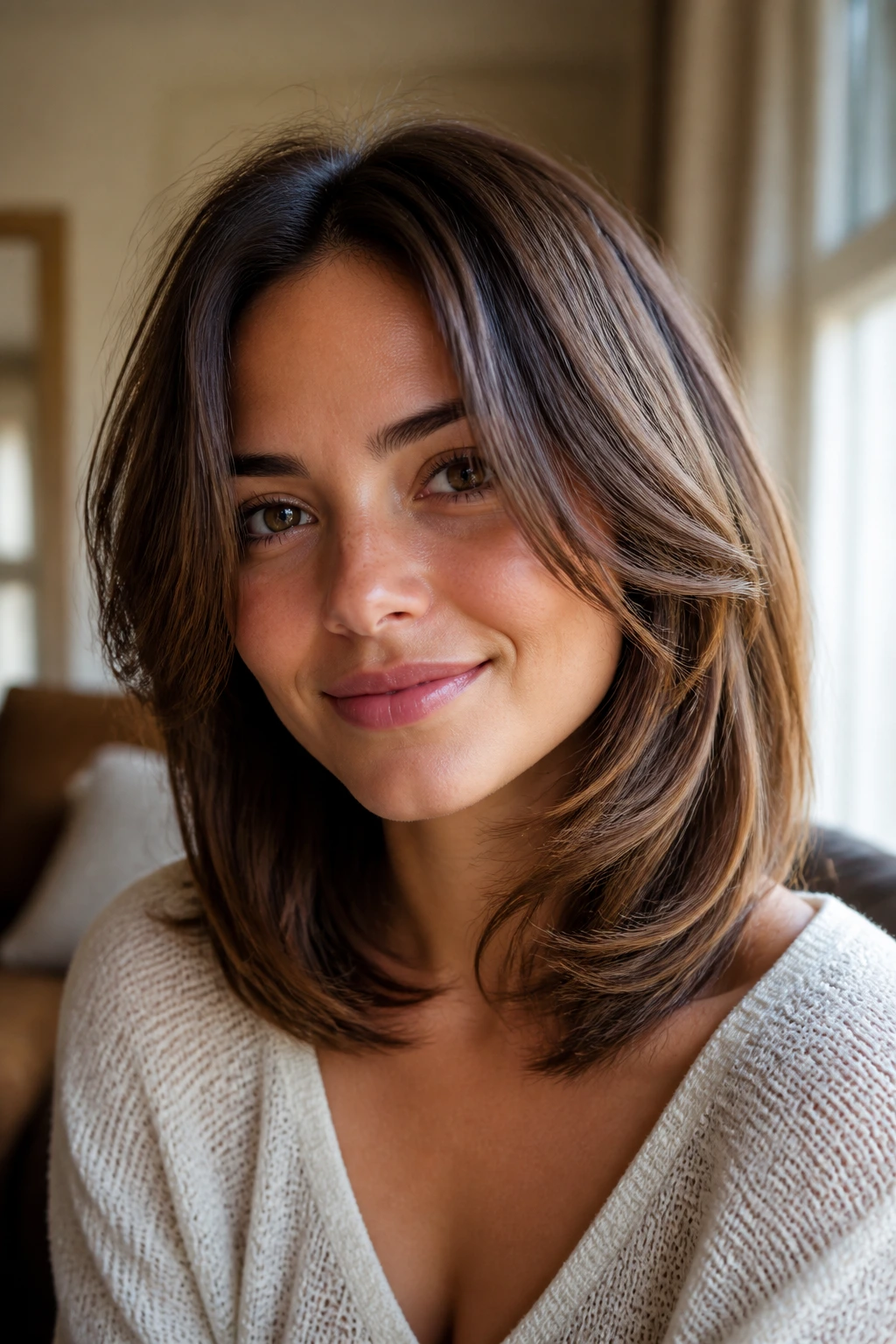 Close-up portrait of a real woman with C-shaped face-framing layers in medium-length hair, natural window light.