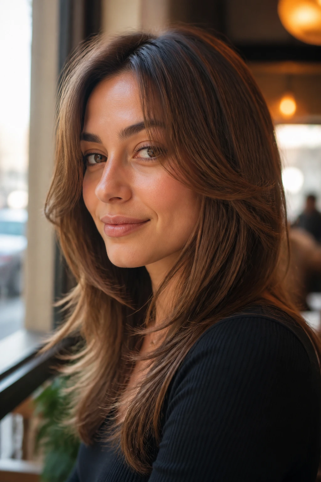 Real person with C-shaped face-framing layers around the cheeks