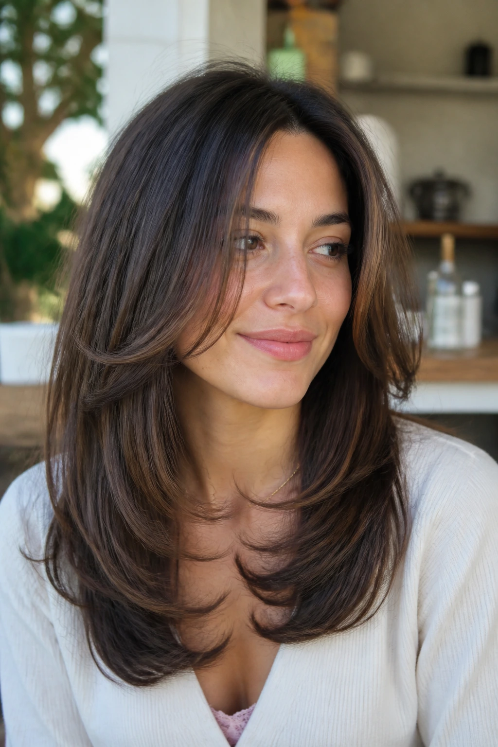 Real woman with C-shaped layers framing the face.