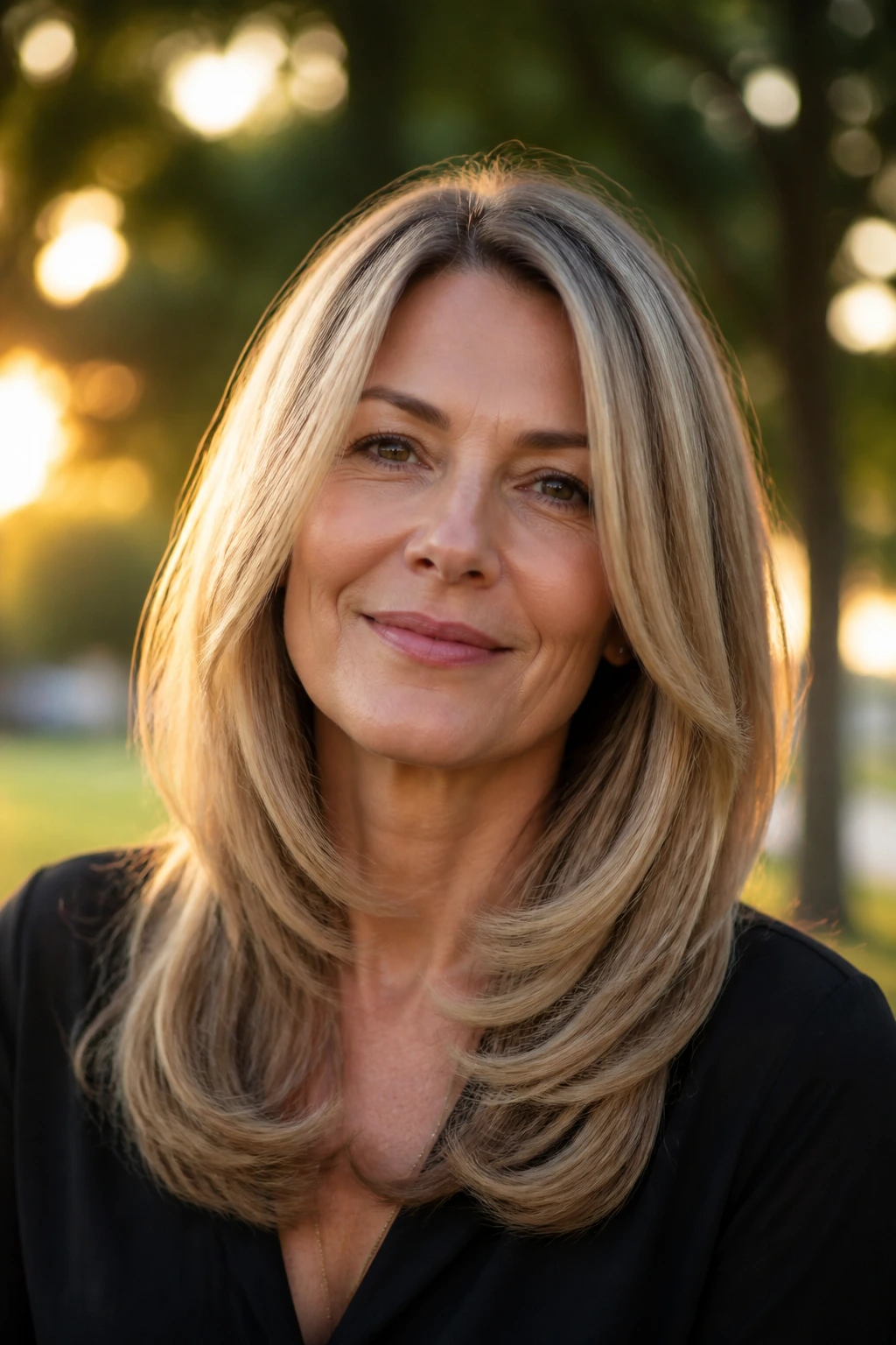 Close-up portrait of a real woman with hair in a C-shaped layer around her face