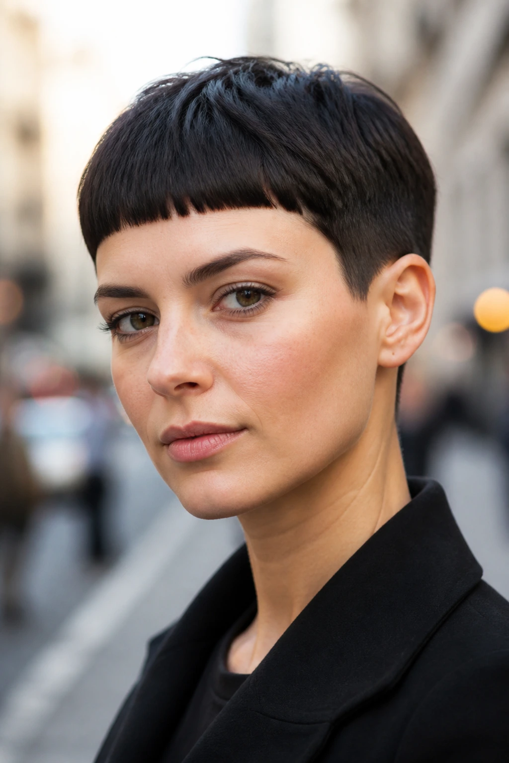 Close-up portrait of a woman with a Caesar crop and blunt fringe.