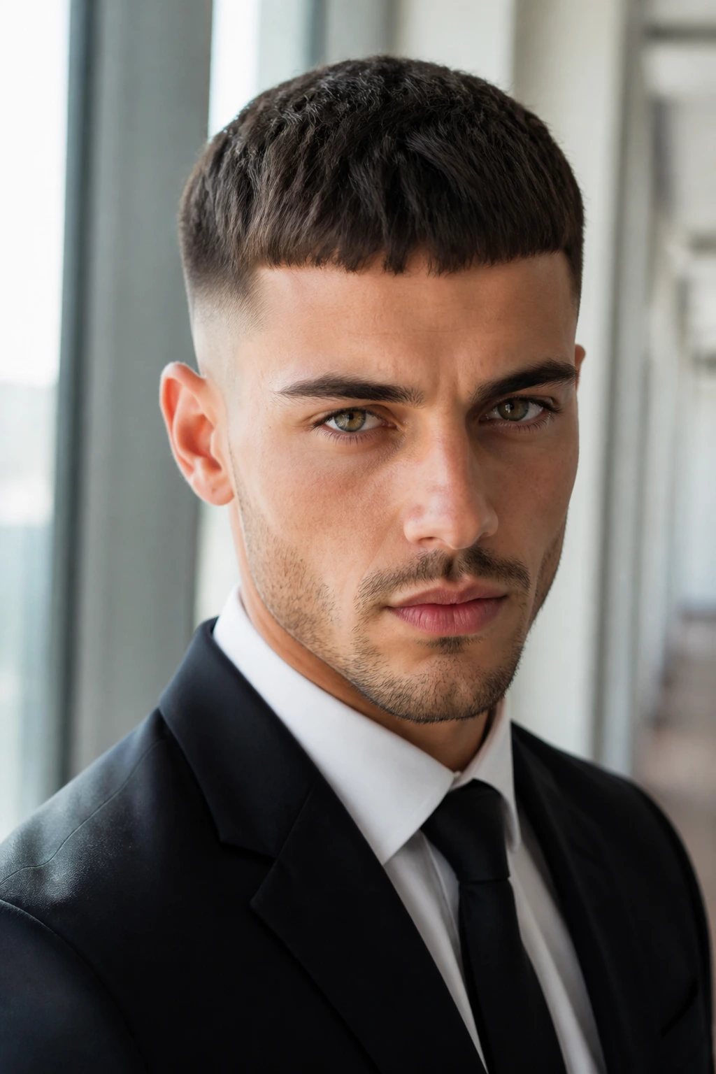 Close-up of man with Caesar cut and crisp fade