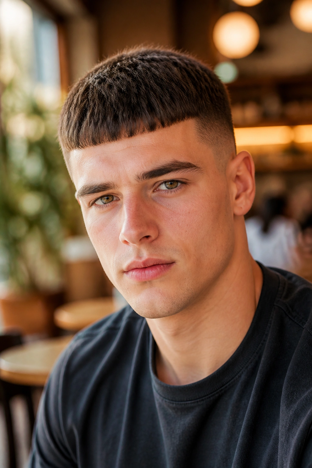 Close-up of real man with Caesar cut and straight fringe in cafe light