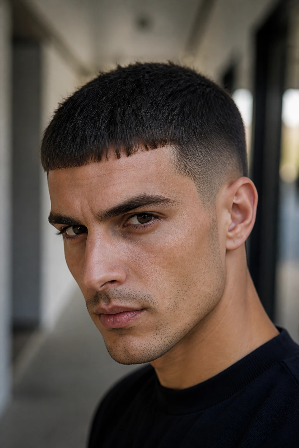 Close-up portrait of a real person with a Caesar haircut and forward fringe