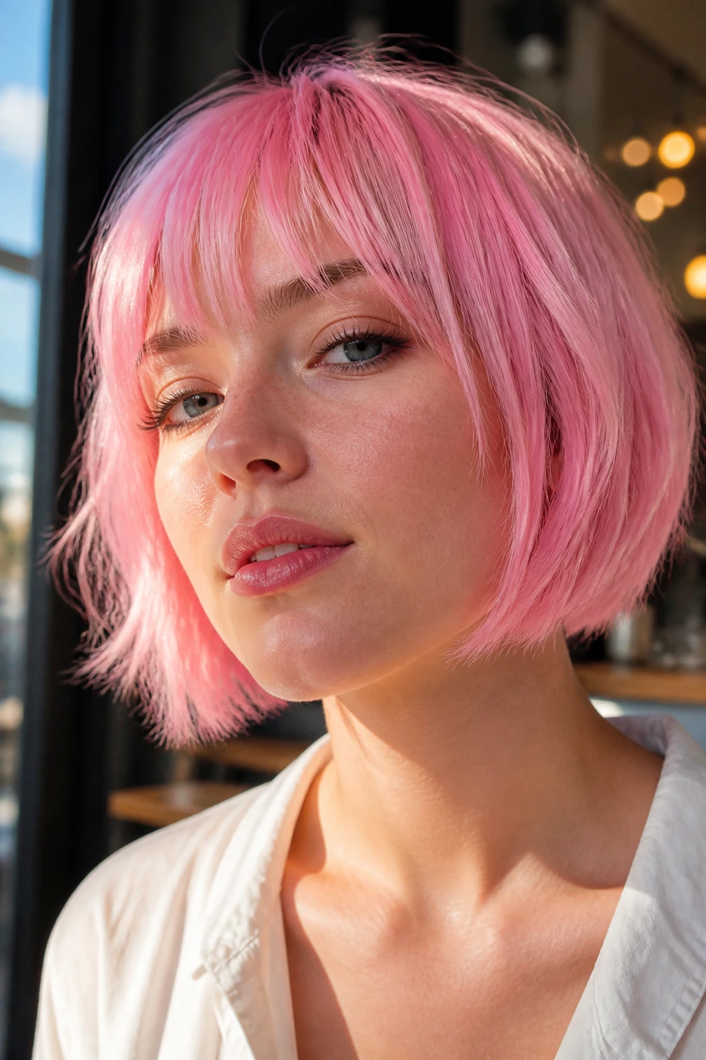 Close-up portrait of a real person with candy pink hair dominating the frame