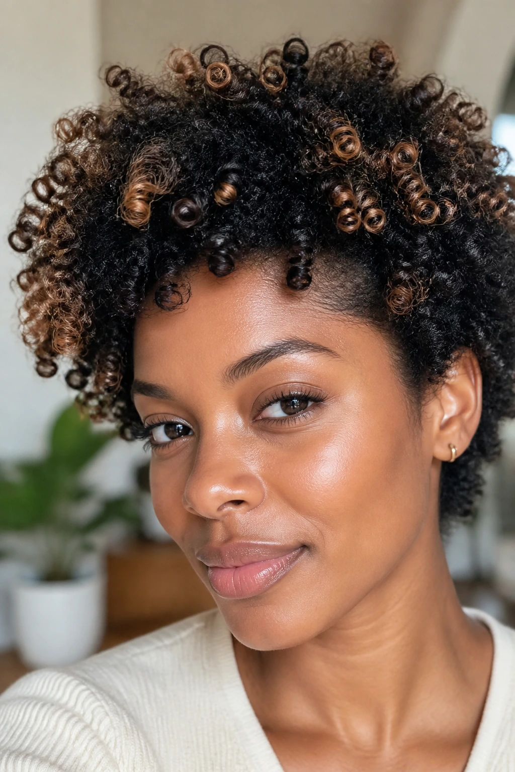 Close-up of natural curls with caramel accent pieces highlighting outer curls.