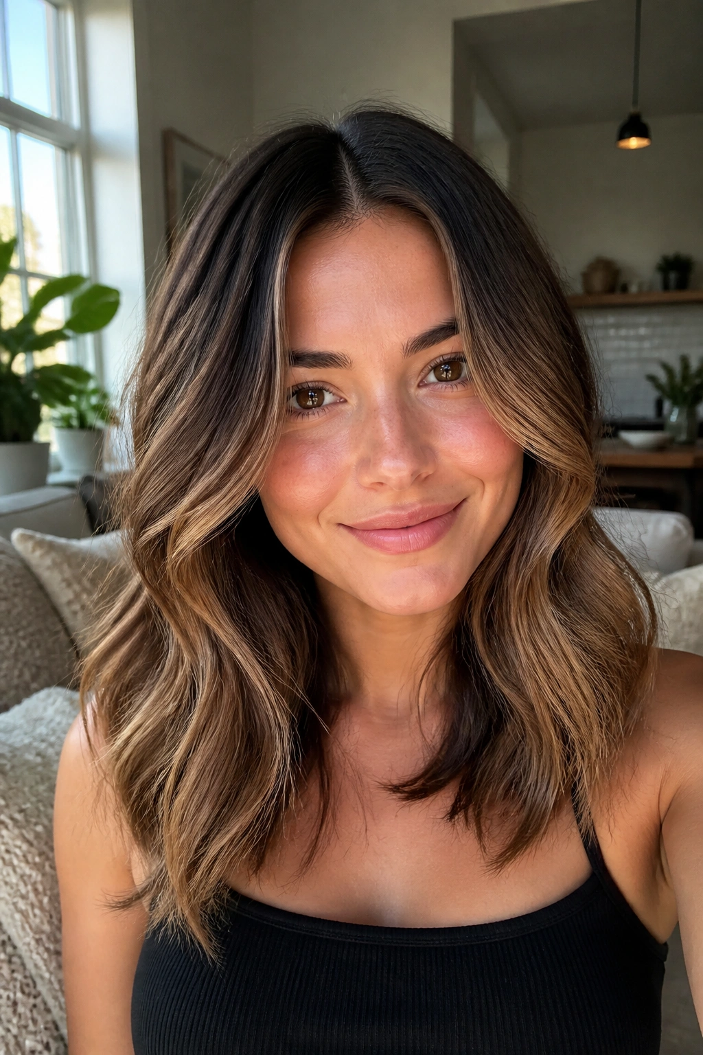 Close-up of a real woman with caramel balayage on brown hair in a sunlit living room