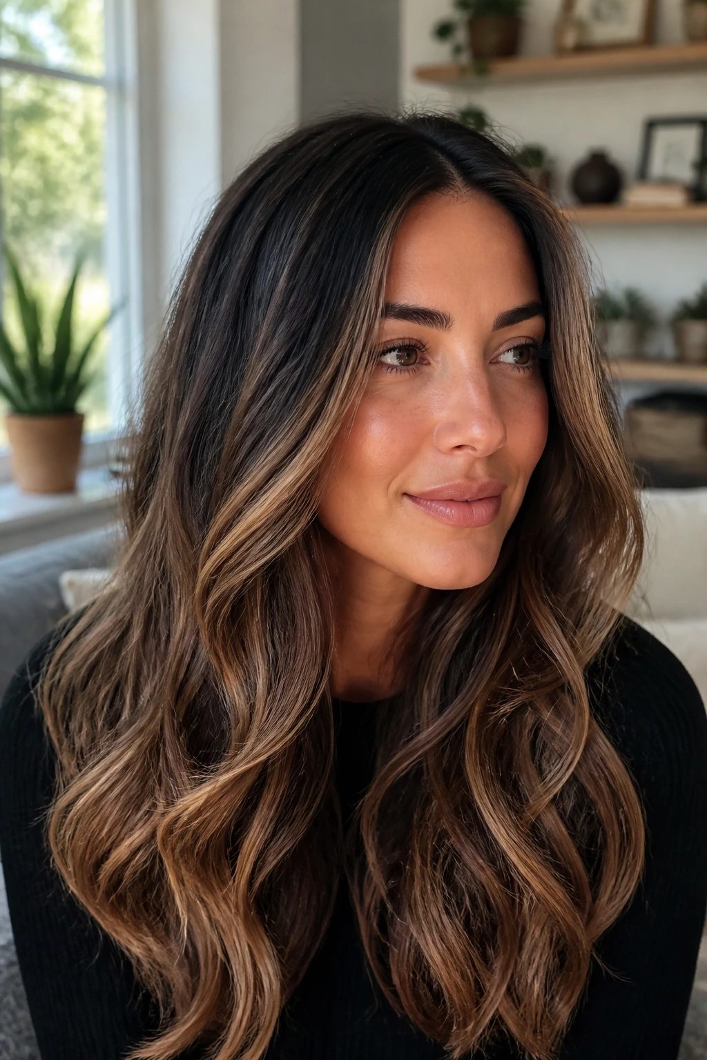 Close-up of a real woman with long brown hair and caramel balayage highlights