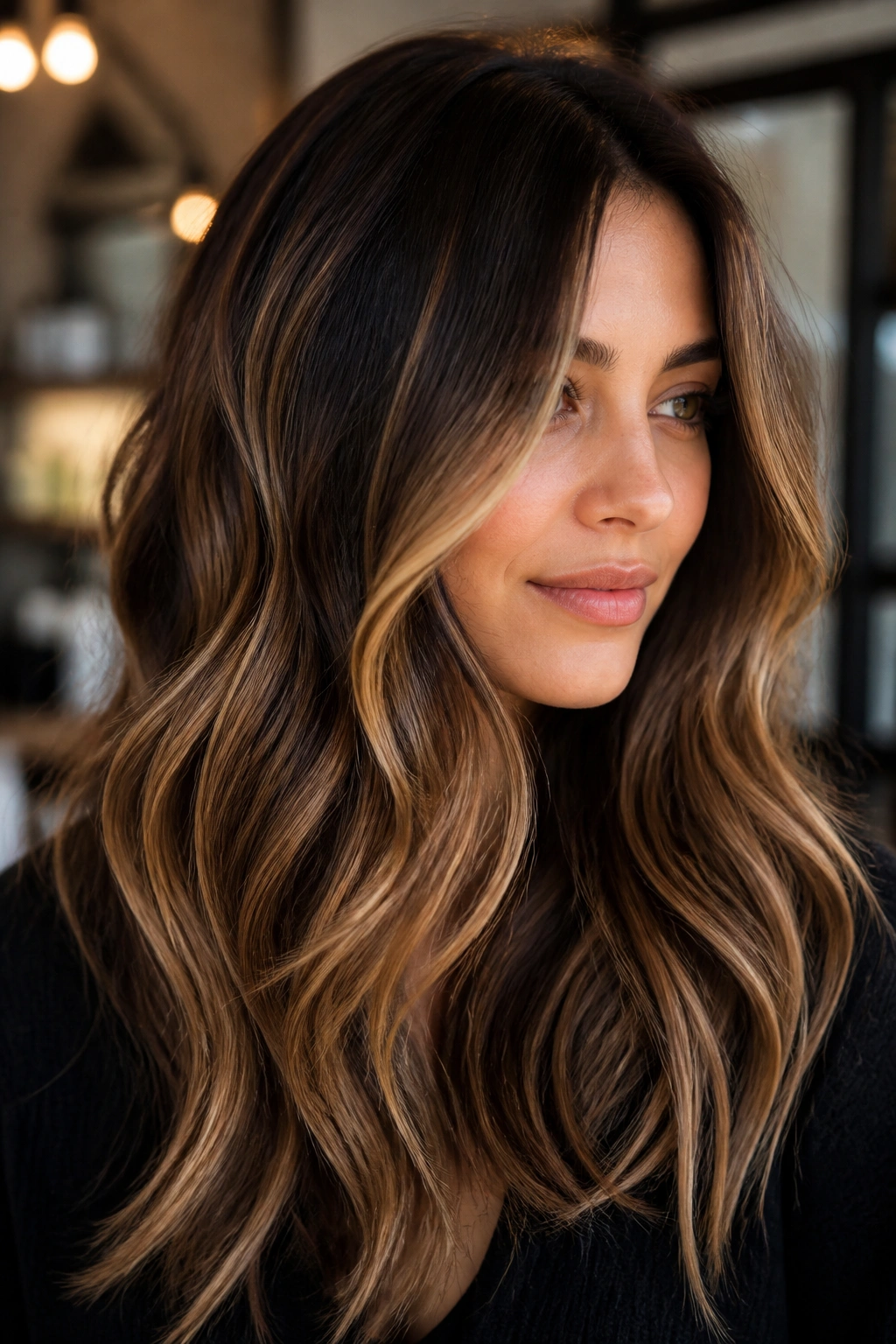 Close-up of brunette with caramel balayage highlighting the face in warm natural light