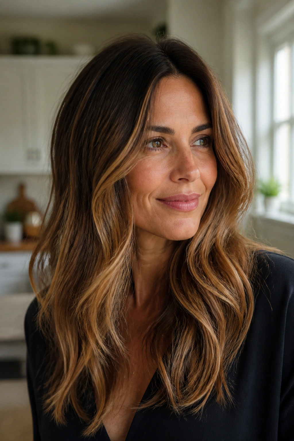 Portrait of brunette with caramel balayage giving warmth
