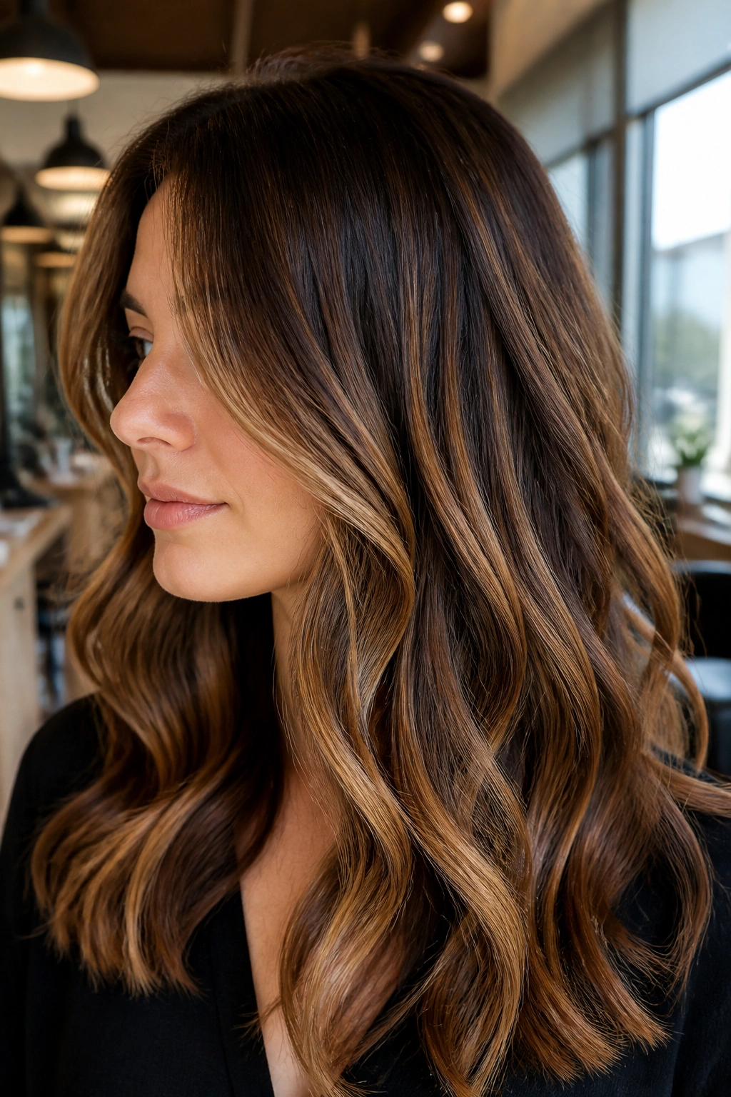 Close-up of chestnut brown hair with caramel balayage ribbons on a real person