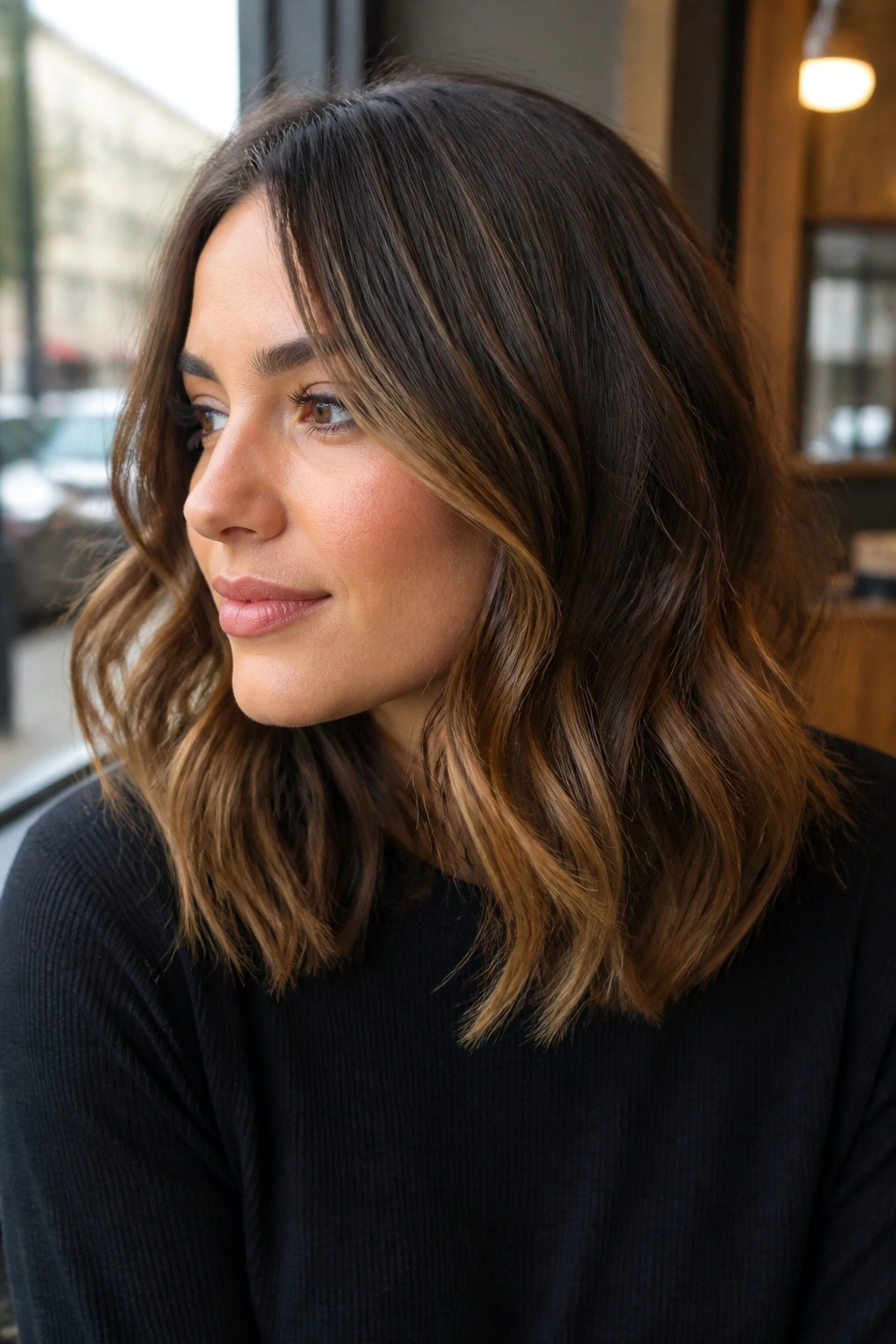 Close-up of a real person with caramel balayage on chocolate brown medium hair