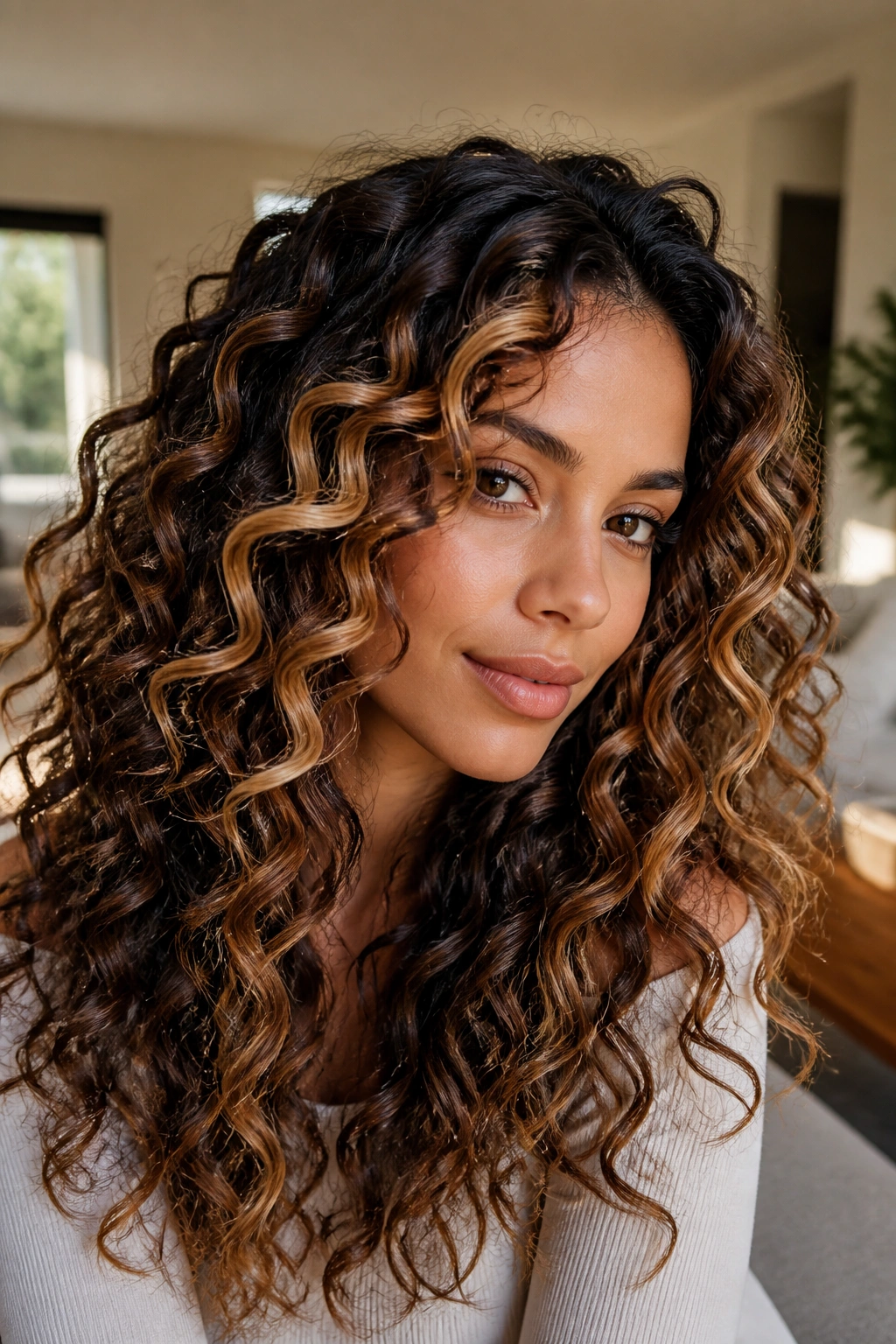 Close-up portrait of a real woman with curly hair and caramel balayage highlights