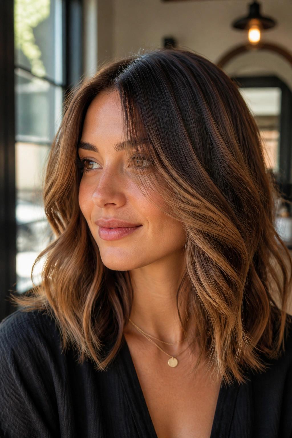 Close-up of a woman with caramel balayage and soft face-framing highlights