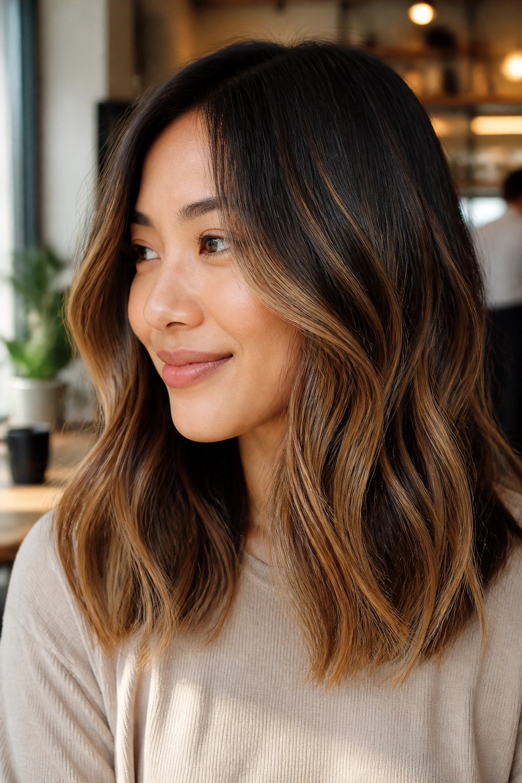 Portrait of a woman with caramel balayage highlighting around the face