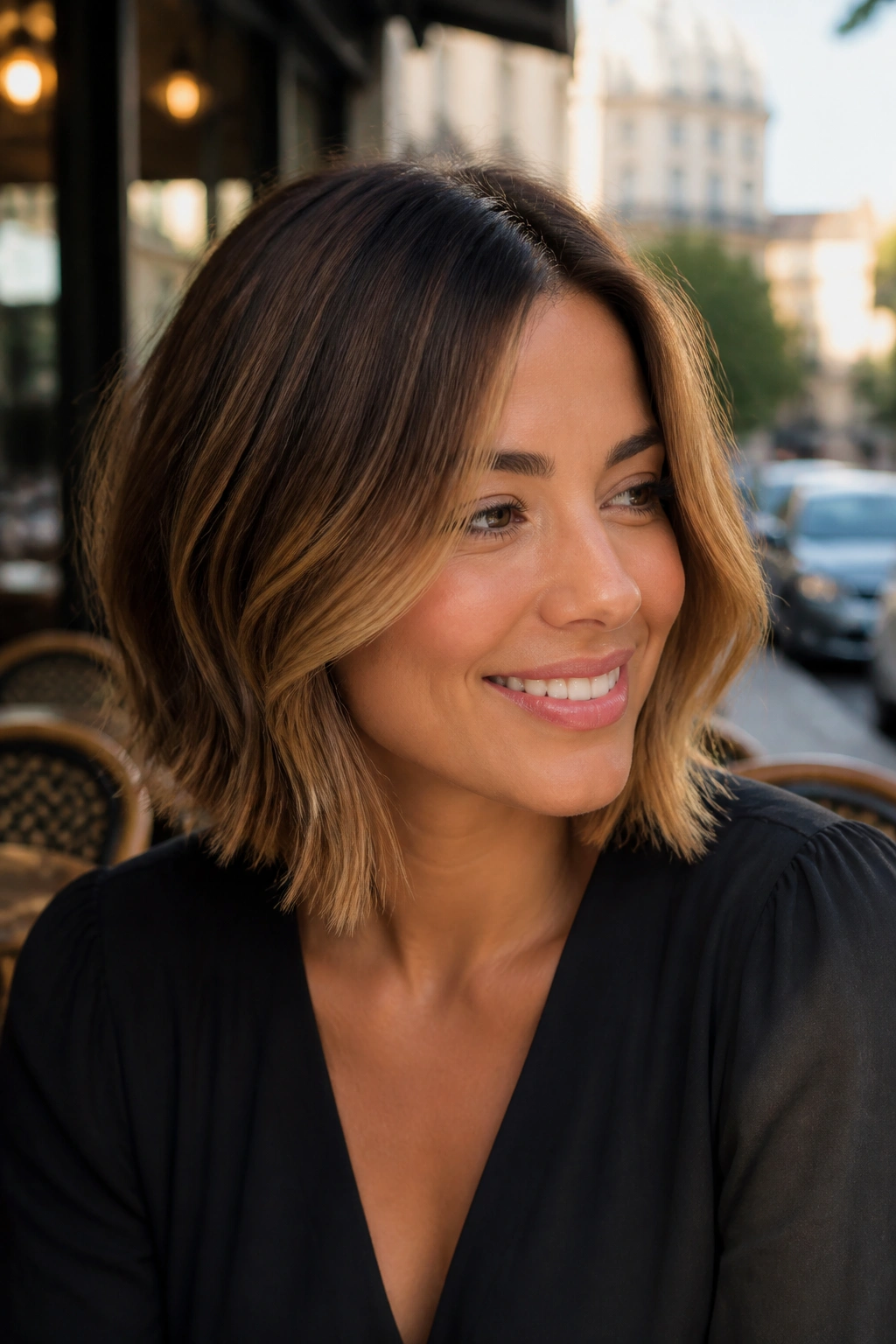 Close-up of a real person with caramel balayage on a lob and face-framing highlights