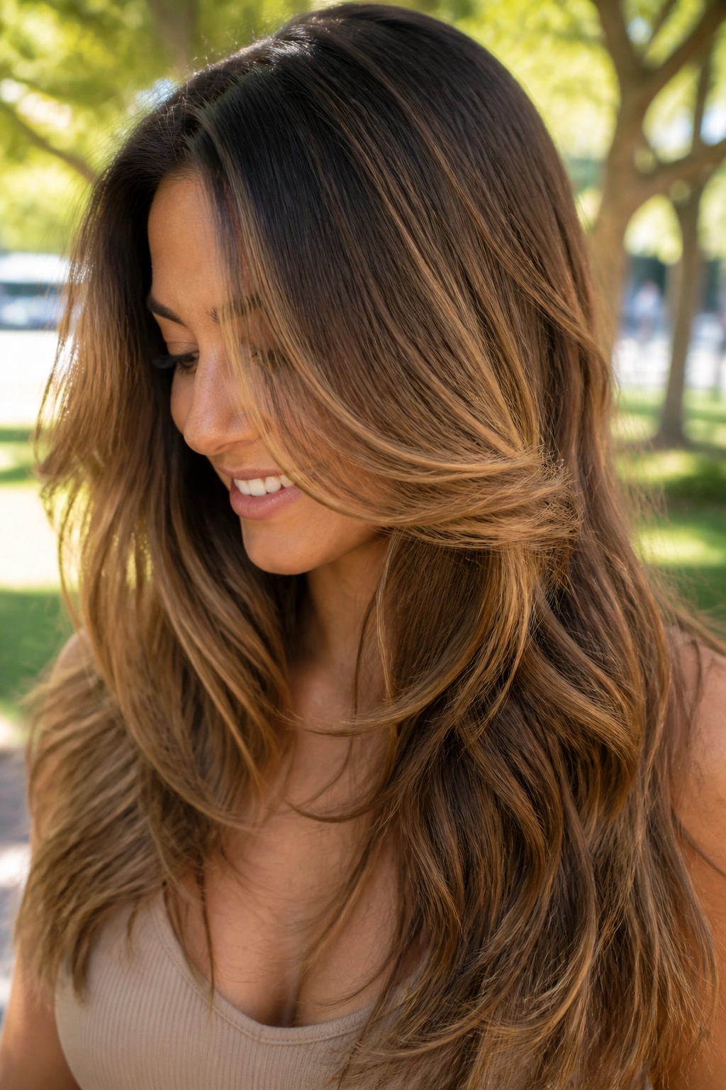 Close-up of a real woman with sun-kissed caramel balayage on long layers