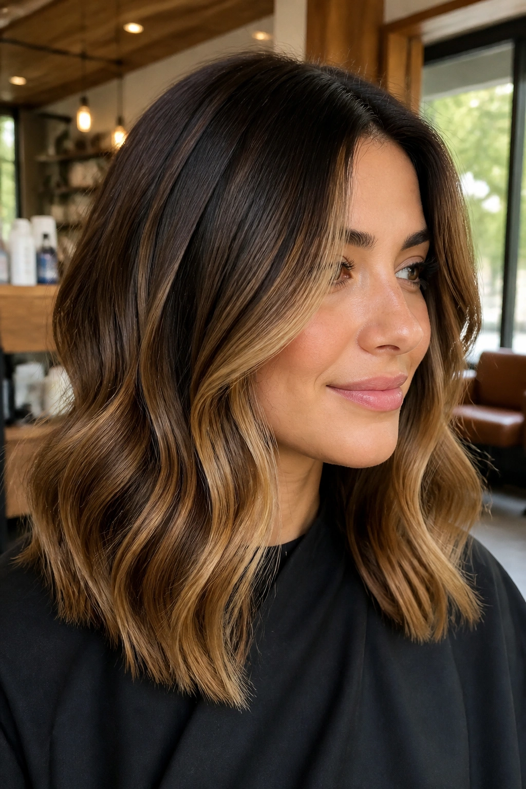 Close-up of caramel balayage on medium brown hair with soft face-framing highlights in natural light