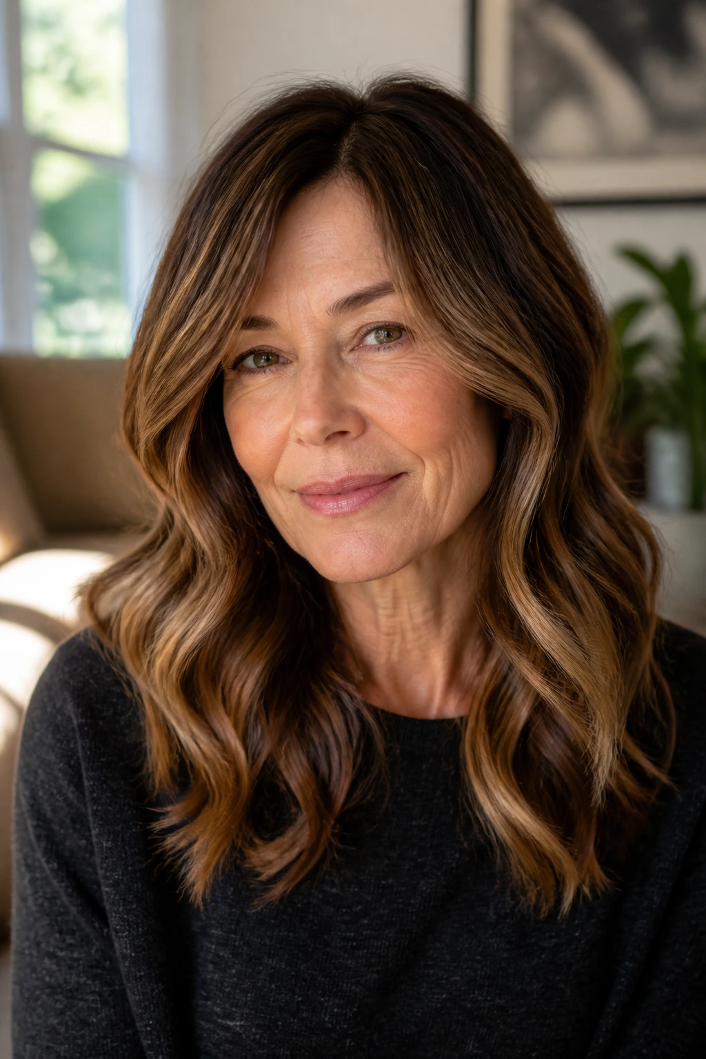 Close-up of a woman with caramel balayage on a medium brown base hair
