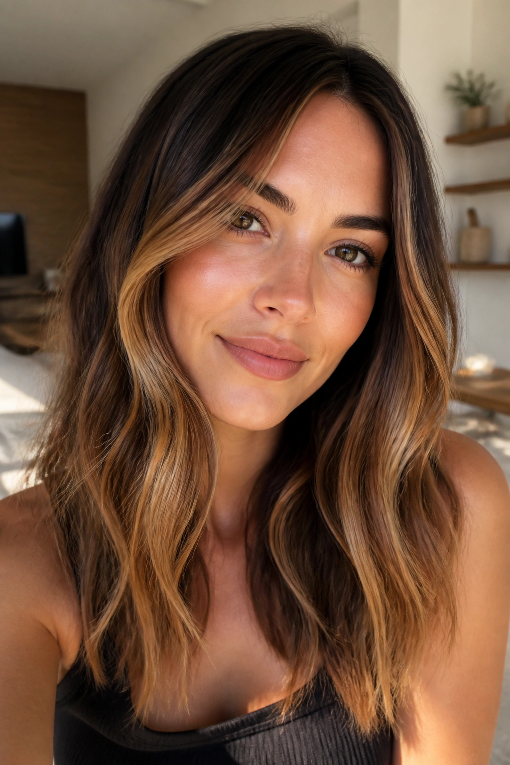 Real woman with caramel balayage on medium brunette hair
