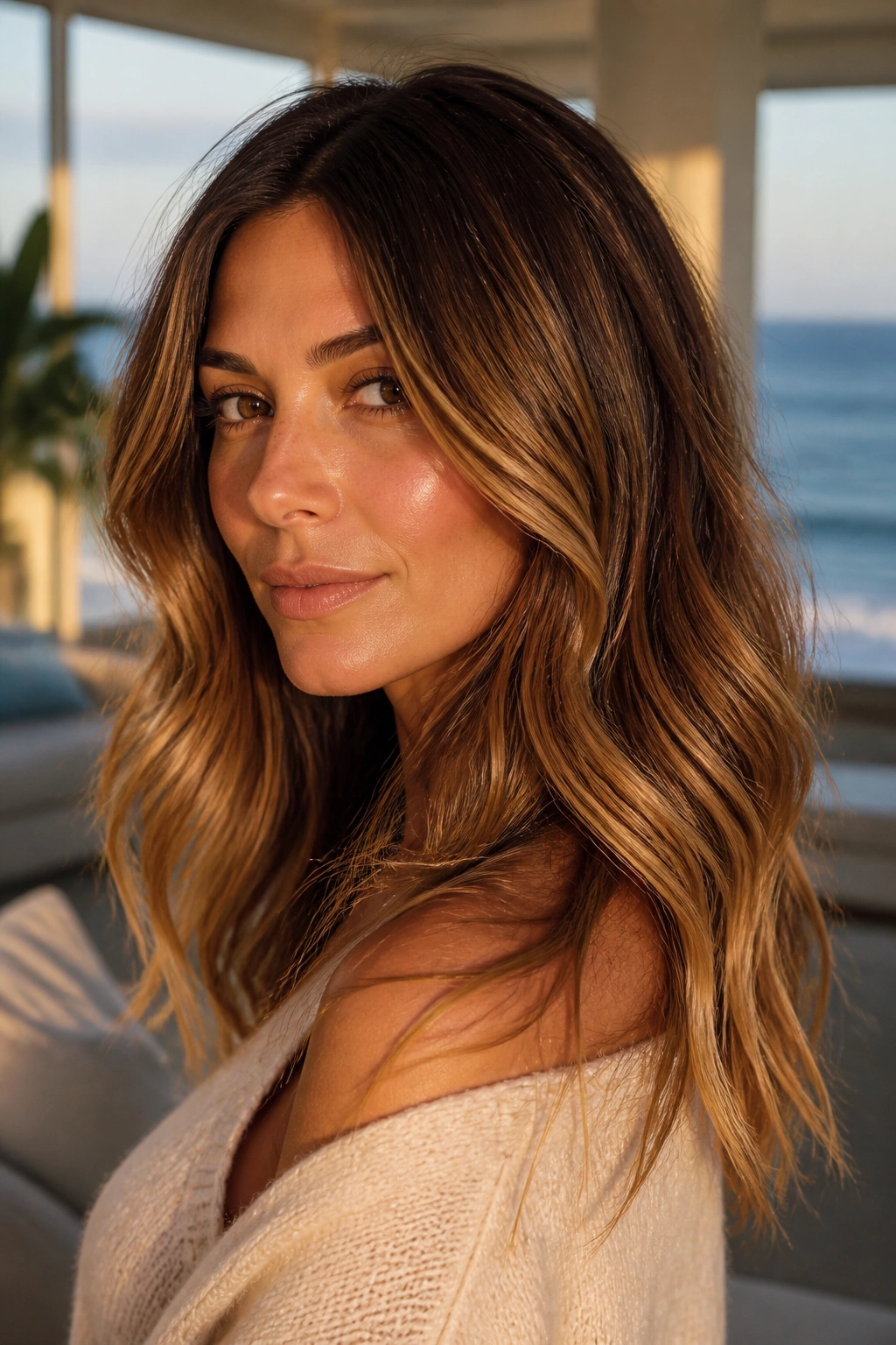 Close-up of caramel melt balayage with a seamless root-to-mid caramel blend