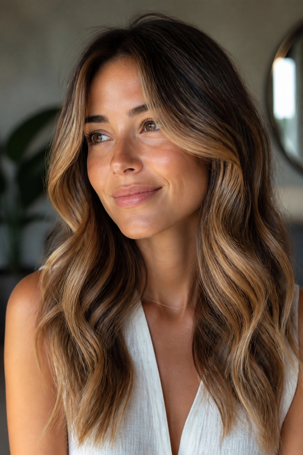 Close-up portrait of a real woman with caramel balayage highlighting framing the face