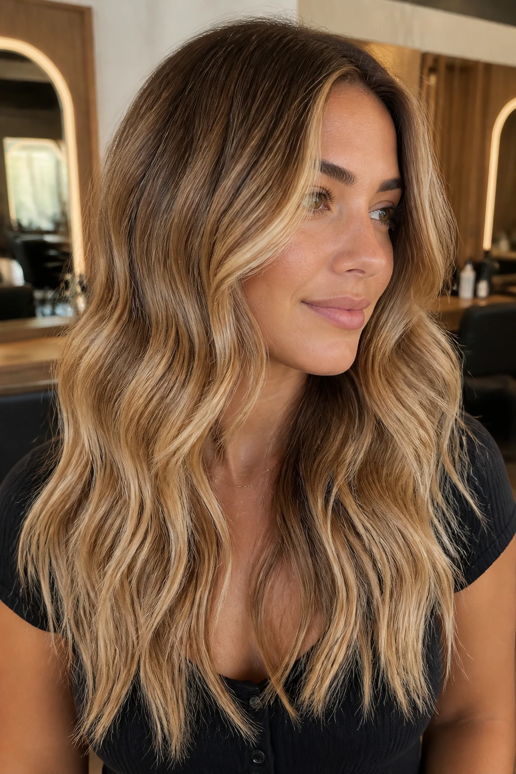 Close-up of a real woman with caramel blonde balayage and soft waves.